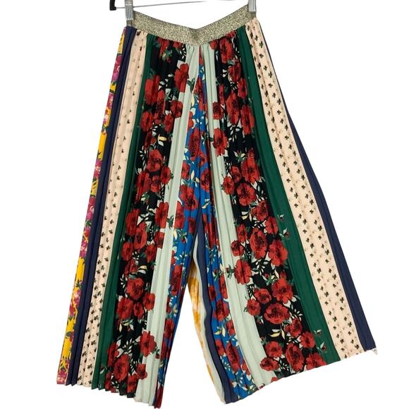 New Anthropologie Pant XS Floral Colorblock Pleated Wide PullUp Gold Waist Lined - Picture 3 of 15